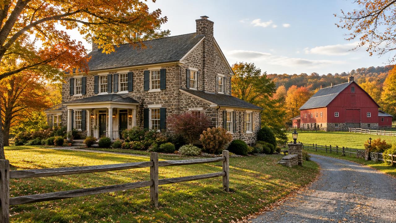 Stone farmhouse and red barn in Bucks County Pennsylvania