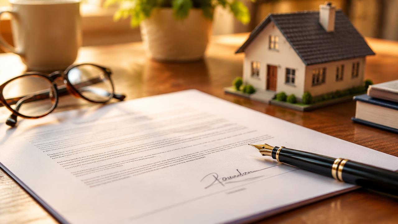 Signed contract with fountain pen and model house