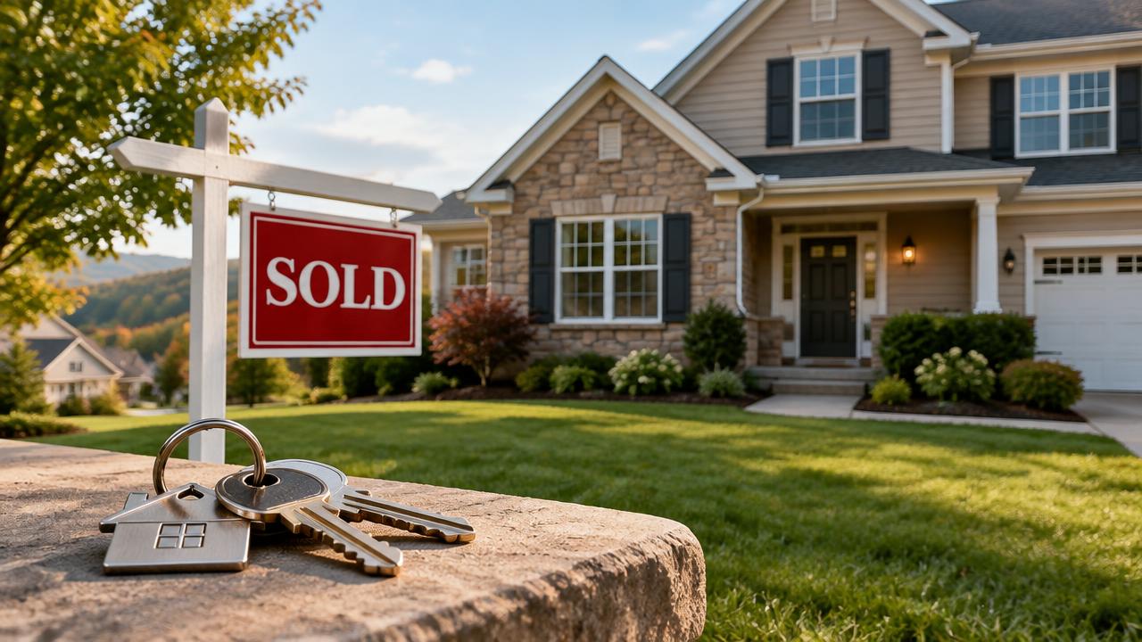 Pennsylvania suburban home with a sold sign and house keys