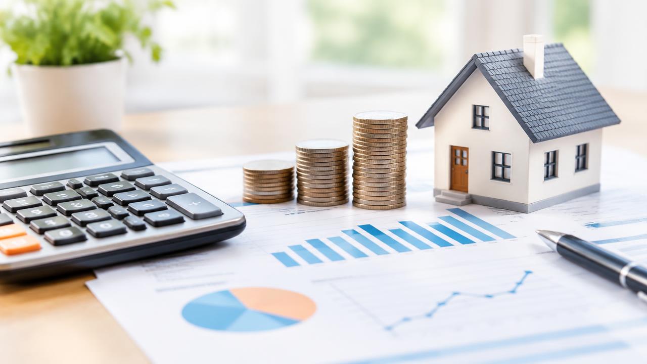 Calculator, coins, and model house on financial charts
