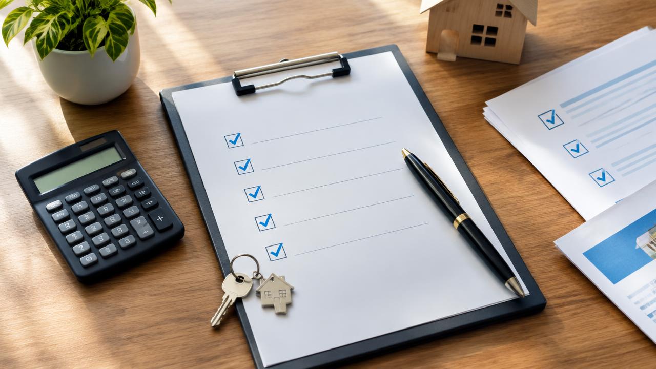 Checklist clipboard with calculator and house key on a desk